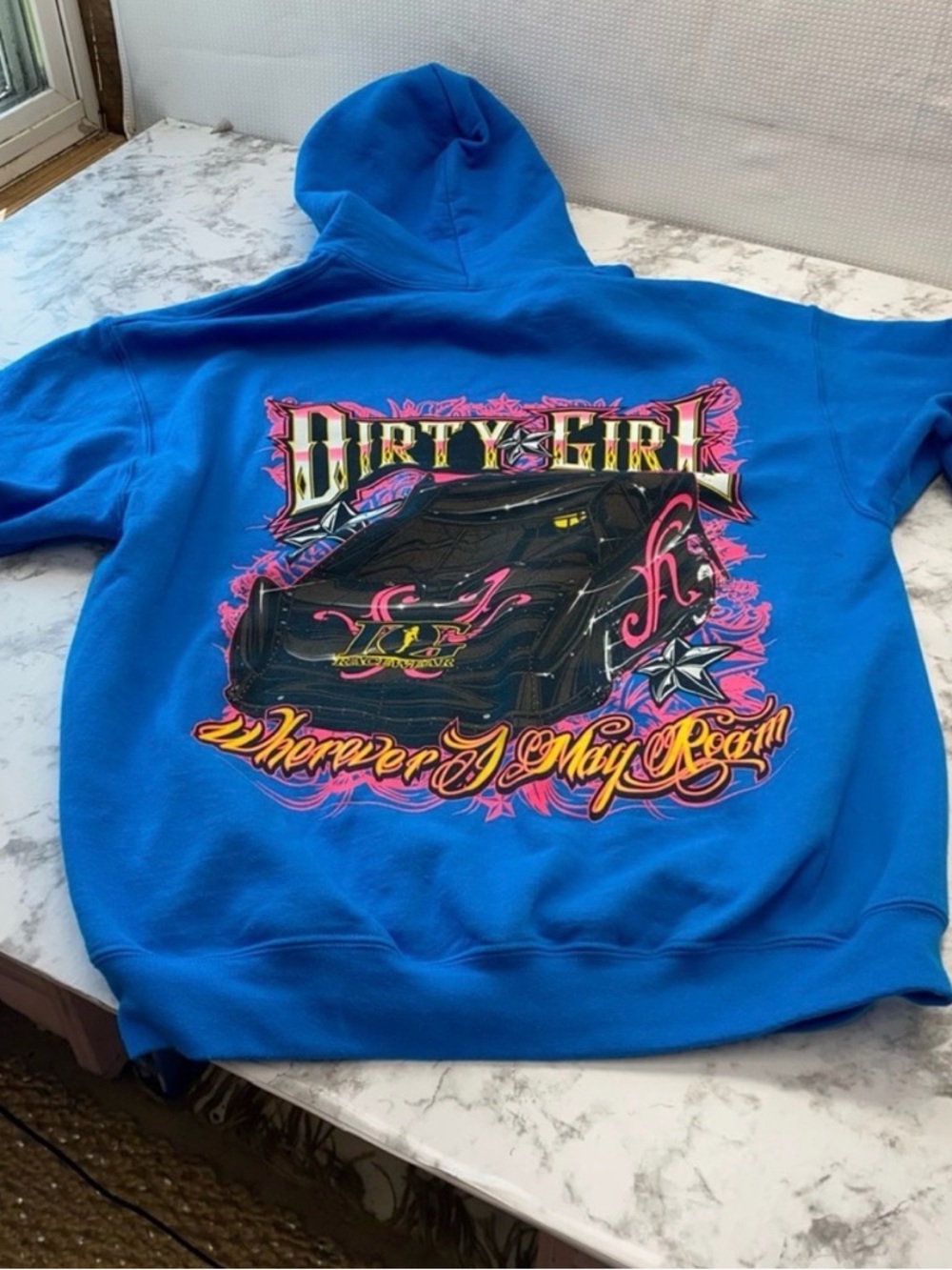 Gildan Bright Blue Pullover Hoodie with Pink & Black Graphic Dirty Girl Racing